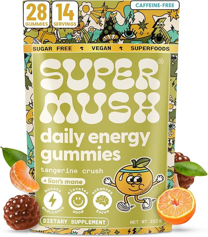 SuperMush Energy Mushroom Gummies - Organic Lions Mane Supplement with Cordyceps, Rhodiola, L-Theanine, Maca - Vegan & Sugar-Free - Energy, Focus, Stamina, Stress Reduction - 28 Gummies (14 Servings)