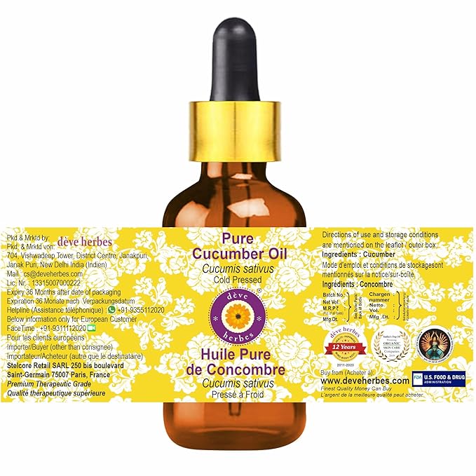 dève herbes Cucumber Oil (Cucumis sativus) with Glass Dropper | Cold Pressed | Pure | Natural | For Diluting Essential oils | For Skin & Massage | Non-Sticky | Lightweight | Unisex | 100ml (3.38 oz)