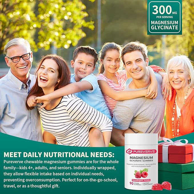 Magnesium Glycinate Gummies 300mg - 90 Count Individually Wrapped, Low-Allergy Formula, Supports Cardiovascular Health, Cognitive Function & Muscle-Bone Strength, Non-GMO, Gluten & Soy Free