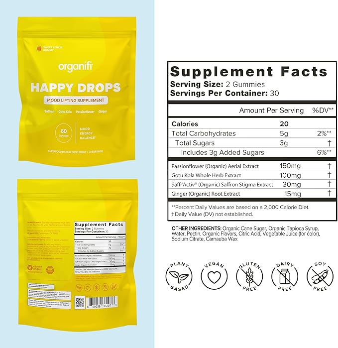 Organifi Happy Drops - Daily Superfood Happy Gummies for Adults - Mood Support Supplement for Balance, Bliss, Energy and Taking the Edge Off - Sweet Lemon Flavor - 60 Gummies
