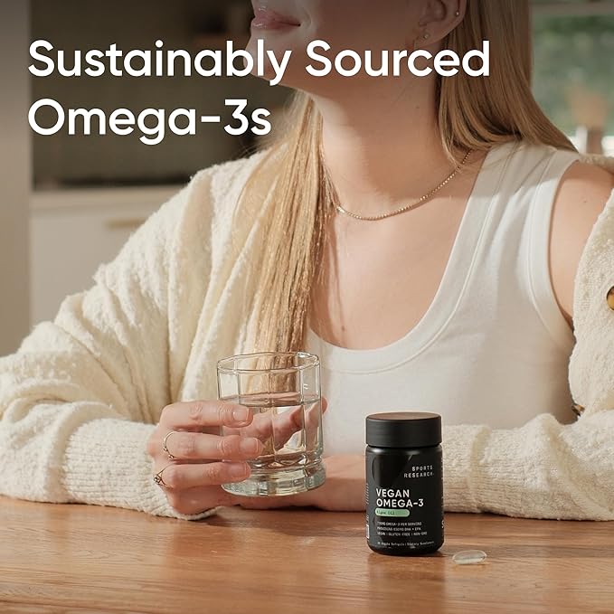 Sports Research Vegan Omega-3 Fish Oil Alternative from Algae Oil - Highest Levels of Vegan DHA & EPA Fatty Acids | Non-GMO Tested & Vegan Certified - 60 Veggie Softgels (Carrageenan Free)