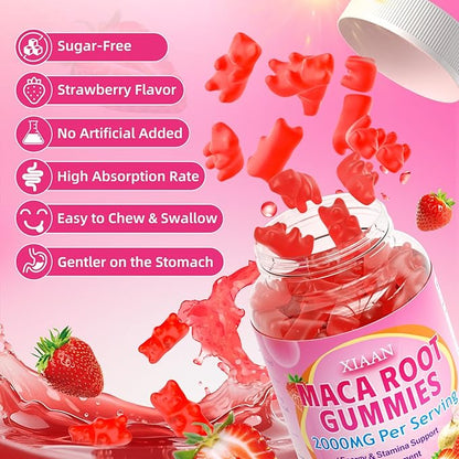 Maca Root Gummies for Women & Men, Organic Maca Root Supplement with Ashwagandha for Energy & Strength Support, Sugar-Free/Vegan/Non-GMO, Strawberry Flavor 60 Count