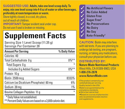 Nature Made Collagen Peptides Powder Type 1 and 3, Joint Support Collagen Powder Unflavored, Sugar Free, Keto Friendly with Biotin for Hair, Skin & Nails Support, 11.2 oz, 28 Day Supply