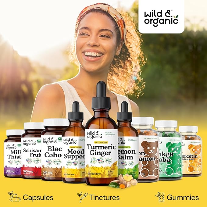 Wild & Organic Turmeric and Ginger Supplement Drops - Joint & Immune Support - Liquid Turmeric with Ginger and Black Pepper Extract - Curcumin Supplement - Vegan, Sugar & Alcohol-Free Tincture - 2 oz