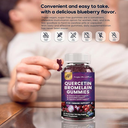 (3 Pack) Quercetin Gummies with Bromelain Zinc Elderberry Vitamin C D3 K2, Quercetin 1000mg Supplement with Bromelain 500mg for Cardiovascular, Immune System & Allergy, Vegan Gummy for Adult & Kid