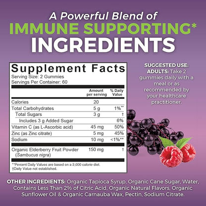 Viva Naturals Sambucus Elderberry Gummies for Adults - 150mg Black Elderberry Vitamin C and Zinc, 3-in-1 Daily Immune Support Gummies, Raspberry Rush Flavor, USDA Organic, Non-GMO, (120 Count)