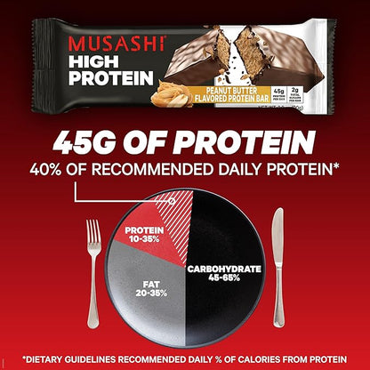 MUSASHI High Protein Bar, 45g Protein, 2g Total Sugars, Cookies & Cream, Post Workout and Protein Snack On The Go, 12 Pack of 3.2oz (90g) Bars