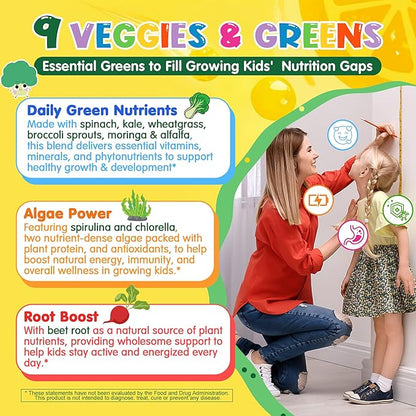 Kids Super Greens Gummies, Superfood Multivitamin for Kids, 20+ Veggie, Fruit, Vitamin, Mineral, Probiotic, Kids Vitamin Gummies for Growth, Immunity, Digestion, Picky Eater Approved, Sugar Free 2Pack