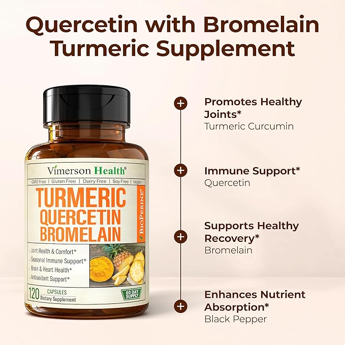 Quercetin with Bromelain Turmeric Curcumin Supplement – Allergy Relief, Immune & Joint Support – Organic Turmeric Supplement w/Bioperine for Enhanced Absorption, 120 Quercetin 500mg Capsules