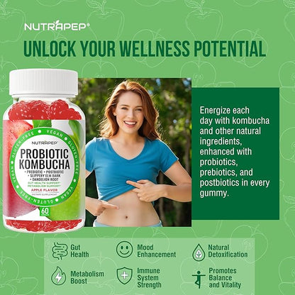 NutraPep Probiotic Kombucha Gummies - Women Men Probiotic Prebiotic Probiotic Blend for Gut Health Bloating Metabolism Support with Slippery Elm Bark Dandelion Root - Vegan Gluten Free Apple Flavor