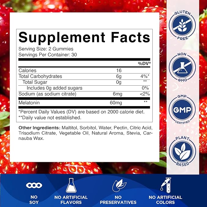 Vitamatic Sugar Free Melatonin 60 mg - 60 Vegetarian Gummies - Non-Habit Forming Supplement