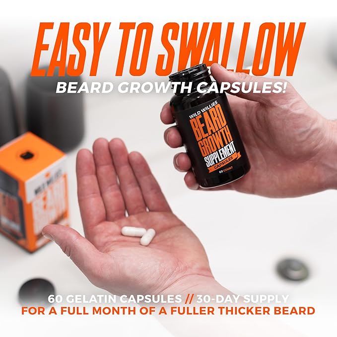 Wild Willies Beard Growth Kit - Capsules & Boost Serum - Natural Growth Oil With Biotin & Caffeine - Vitamins for Fuller, Thicker Beard - 60 Capsules - For Men
