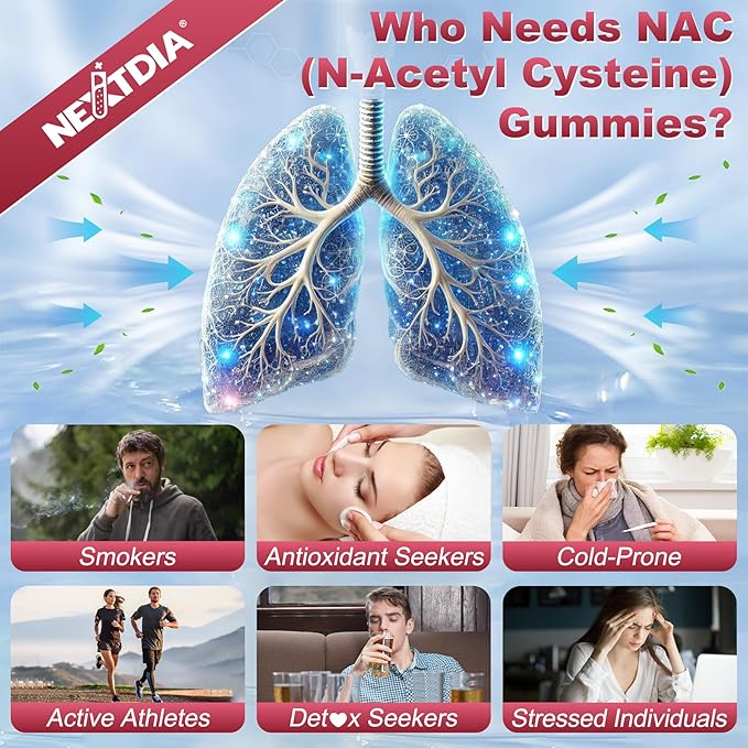 Nextdia NAC Gummies for Kids & Adults, Chewable N-Acetyl Cysteine Supplement 600mg 1000mg w/Vitamin C, Zinc, Elderberry for Antioxidants & Immune Support, Lung & Liver Health, Sugar Free, 120 Ct