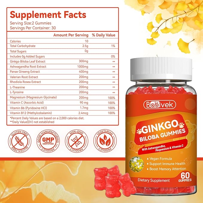 Ginkgo Biloba Gummies with Ashwagandha, Vitamin C & Magnesium - Vegan, Non-GMO, Gluten-Free - Raspberry Flavor, 60 Count