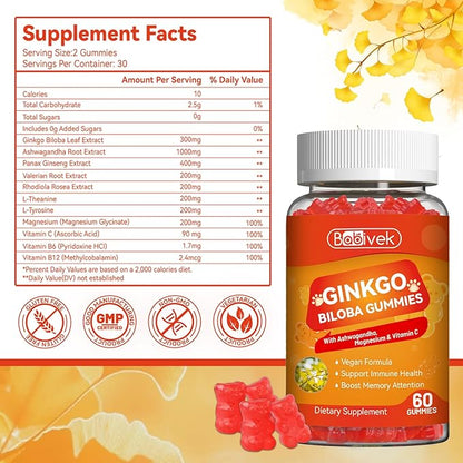 2 Pack Ginkgo Biloba Gummies with Ashwagandha, Vitamin C & Magnesium - Vegan, Non-GMO, Gluten-Free - Raspberry Flavor, 120 Count