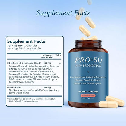 Vitamin Bounty Pro-50 Probiotics 50 Billion CFU for Women & Men - 13 Multi Strain Probiotic + Prebiotic - Digestive Health Supplements for Gut Health Support - Delayed Release Capsules for Men & Women