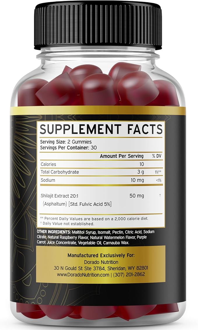 Shilajit Gummies For Men & Women (High Potency Gold Grade with 85+ Trace Minerals with Fulvic Acid) - Energy & Immunity Support - Third Party Tested, Non GMO, Vegan & Made in USA - (60 Gummies)