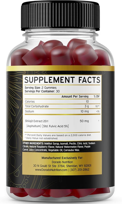 Shilajit Gummies For Men & Women (High Potency Gold Grade with 85+ Trace Minerals with Fulvic Acid) - Energy & Immunity Support - Third Party Tested, Non GMO, Vegan & Made in USA - (60 Gummies)