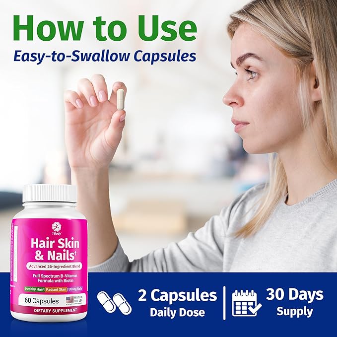 1 Body Hair Skin and Nails Vitamins with Biotin – Hair Growth Supplement for Women & Men with 26 Vitamins, Minerals & Herbal Extracts – Stronger Hair, Healthy Skin & Nails – 60 Vegan Capsules