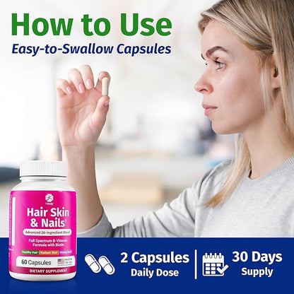 1 Body Hair Skin and Nails Vitamins with Biotin – Hair Growth Supplement for Women & Men with 26 Vitamins, Minerals & Herbal Extracts – Stronger Hair, Healthy Skin & Nails – 60 Vegan Capsules
