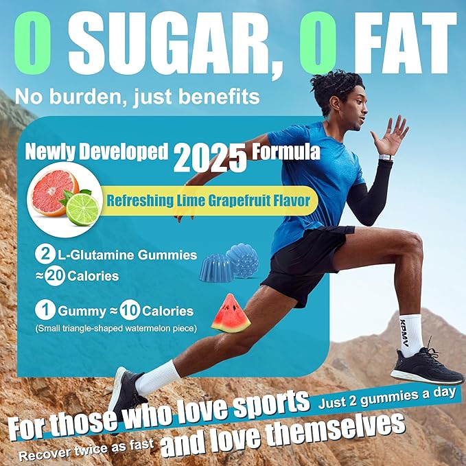 L-Glutamine Gummies 1000mg with BCAA, Potassium, Magnesium & Vitamin C, Muscle Recovery, Endurance Support & Daily Nutrition, Portable Supplement for Men＆Women, Lime Grapefruit Flavor, 120 Count