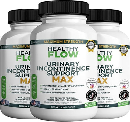Healthy Flow Urinary Incontinence Support Max, 60 Veggie Capsules, Cranberry Juice Hibiscus Dandelion Formula, 30 Day Supply (3)