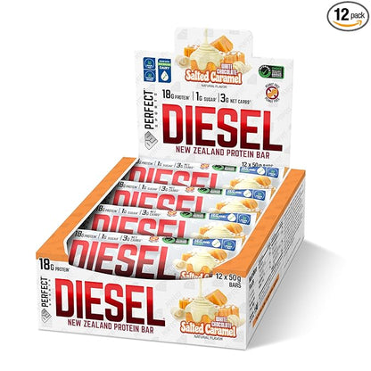 PERFECT SPORTS Diesel New Zealand Whey Protein Bars | Stevia Sweetened, No Artificial Flavors | Low Sugar, 18g Protein | 12 Pack (White Chocolate Salted Caramel)