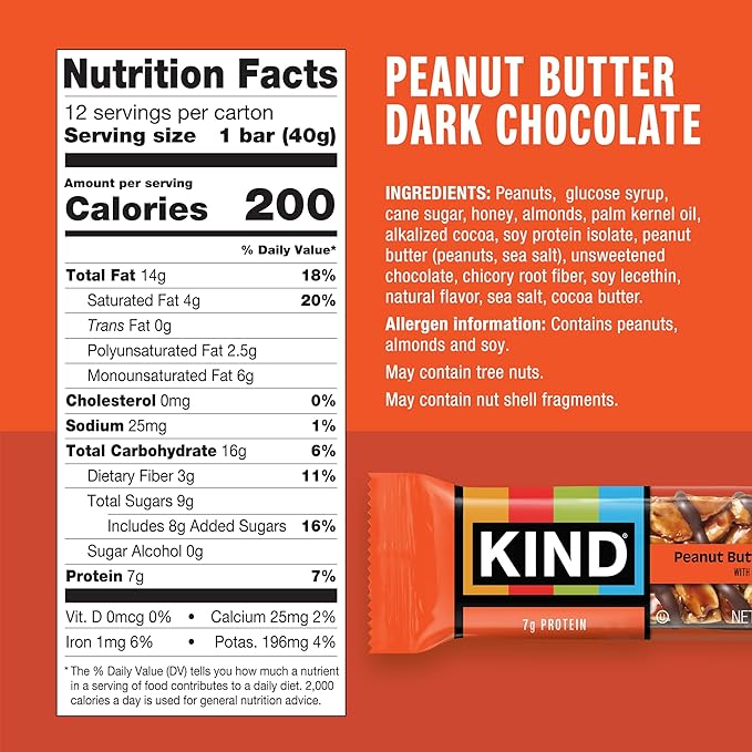 KIND Nut Bars, Peanut Butter Dark Chocolate, Healthy Snacks, Gluten Free, 8g Protein, 12 Count