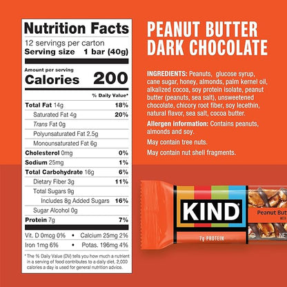 KIND Nut Bars, Peanut Butter Dark Chocolate, Healthy Snacks, Gluten Free, 8g Protein, 12 Count