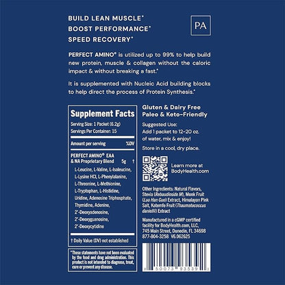 BodyHealth PerfectAmino Powder - BCAA and EAA Powder for Pre and Post Workout - Amino Acid Energy Drink for Men and Women to Support Lean Muscle and Recovery - Vanilla - Stick Packs - 15 Servings