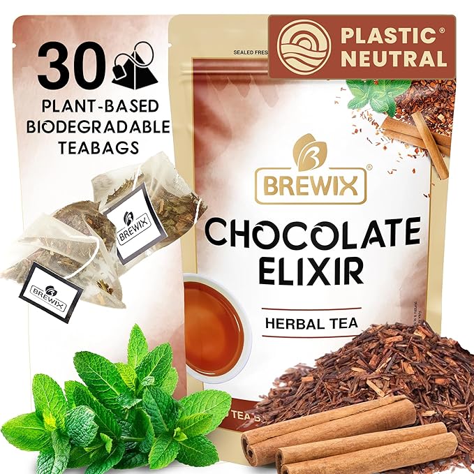 BREWIX, Chocolate Elixir Rooibos Herbal Tea (30 Pyramid Tea Bags) | Rooibos with Cinnamon, Spearmint, Peppermint | Dessert Tea | Chocolate Tea