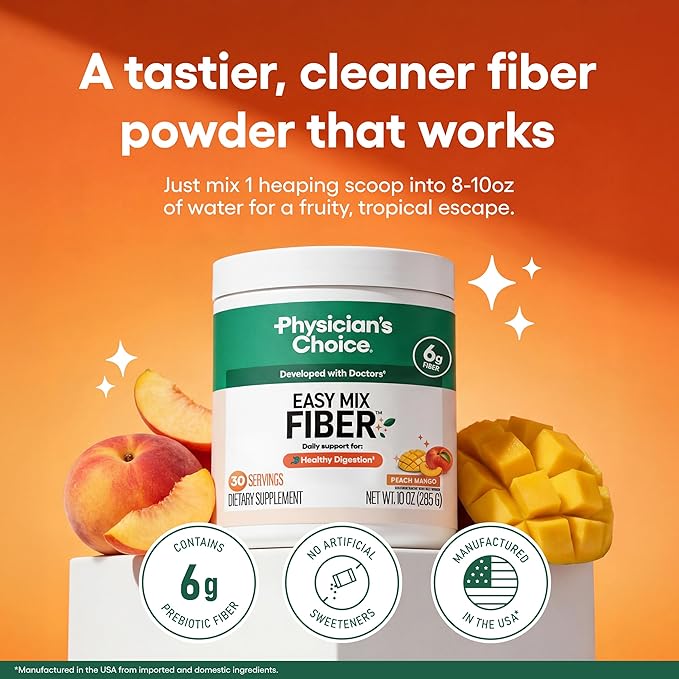 Physician's CHOICE Easy Mix Fiber for Digestive Health & Regularity - No Grit - Daily Prebiotic Soluble Fiber Powder Supplement for Women and Men - Peach Mango - 30 Servings
