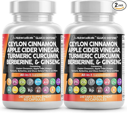 Clean Nutraceuticals Ceylon Cinnamon Capsules + Berberine Turmeric Apple Cider Vinegar Ginseng Bitter Melon Gymnema Milk Thistle Fenugreek Supplement (60 Count (Pack of 2))