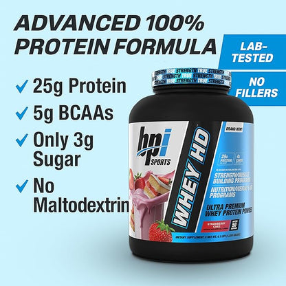 BPI Sports Whey HD Ultra Premium Protein Powder Isolate | Workout Whey Protein Powder for Men & Women for Muscle Gain | Milk Protein Concentrates | Strawberry Cake, 4.07 Pound