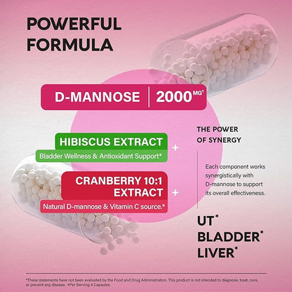 D-Mannose 2000mg with Cranberry & Hibiscus - Clinically Tested Strength for Urinary Tract Health - Supplement for Women - Bladder, Liver & Microflora Support - Made in USA - Vegan, 120 Capsules