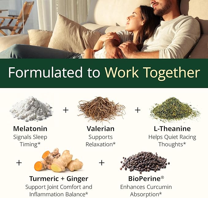 Melatonin 3mg Sleep Aid with L-Theanine & Valerian Root – Turmeric Curcumin Supplement with Ginger & Black Pepper – Organic Turmeric Supplement for Sleep, Calm and Stress Relief Support – 60 Capsules