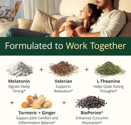 Melatonin 3mg Sleep Aid with L-Theanine & Valerian Root – Turmeric Curcumin Supplement with Ginger & Black Pepper – Organic Turmeric Supplement for Sleep, Calm and Stress Relief Support – 2 Pack