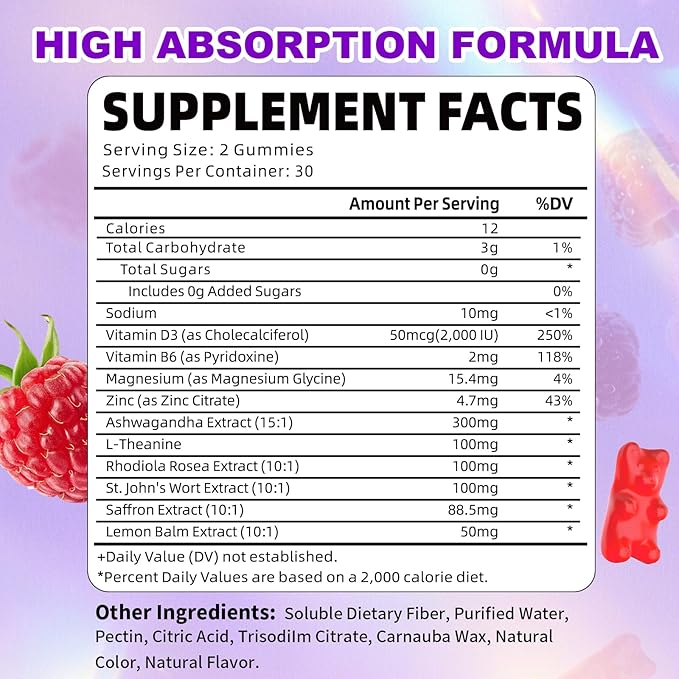 Saffron Gummies, 10-in-1 Saffron Supplements for Kids & Adults with 88.5mg Saffron Extract, for Emotions, Zzz, Sugar Free, Raspberry Flavor, 60 Count