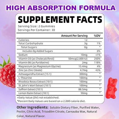 Saffron Gummies, 10-in-1 Saffron Supplements for Kids & Adults with 88.5mg Saffron Extract, for Emotions, Zzz, Sugar Free, Raspberry Flavor, 60 Count