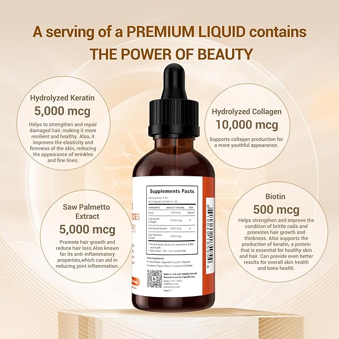 Heivy Liquid Collagen for Women, 60ml Raspberry Flavor, 20500 mcg 4-in-1 Collagen Drops, USA GMP, Sugar-Free, 3rd Party Tested