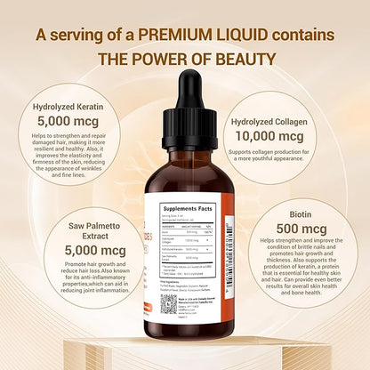 Heivy Liquid Collagen for Women, 60ml Raspberry Flavor, 20500 mcg 4-in-1 Collagen Drops, USA GMP, Sugar-Free, 3rd Party Tested