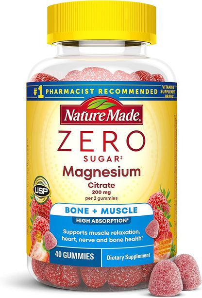 Nature Made Zero Sugar Magnesium Citrate Gummies 200 Mg Per Serving, Muscle & Bone Support, Aspartame Free, 40 Sugar Free High Absorption Magnesium Gummies, 20 Day Supply