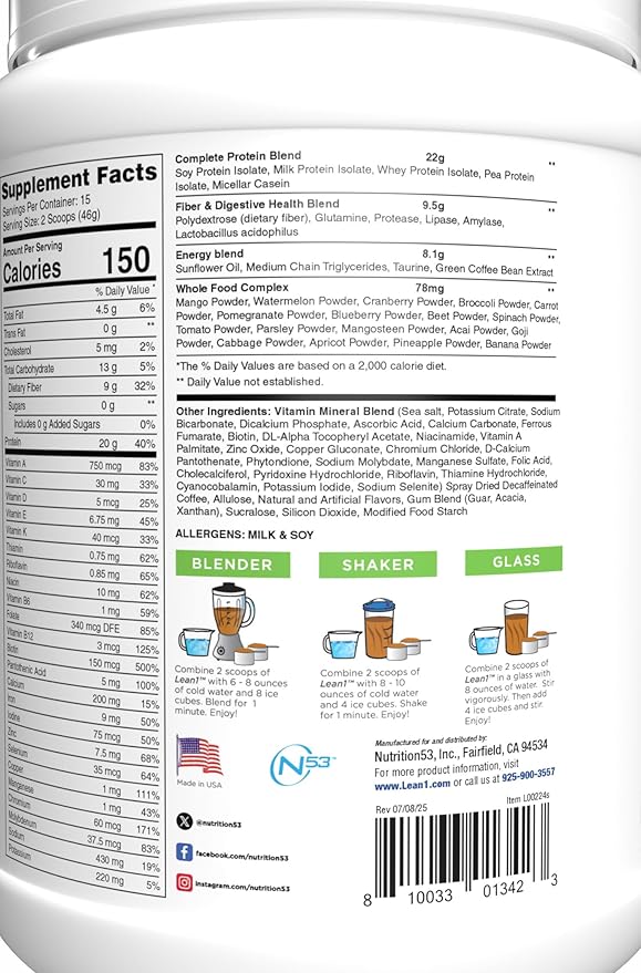 N53 Lean1 Meal Replacement Protein Powder, Cafe Latte Flavor, 15 Serving tub, No Sugar Added