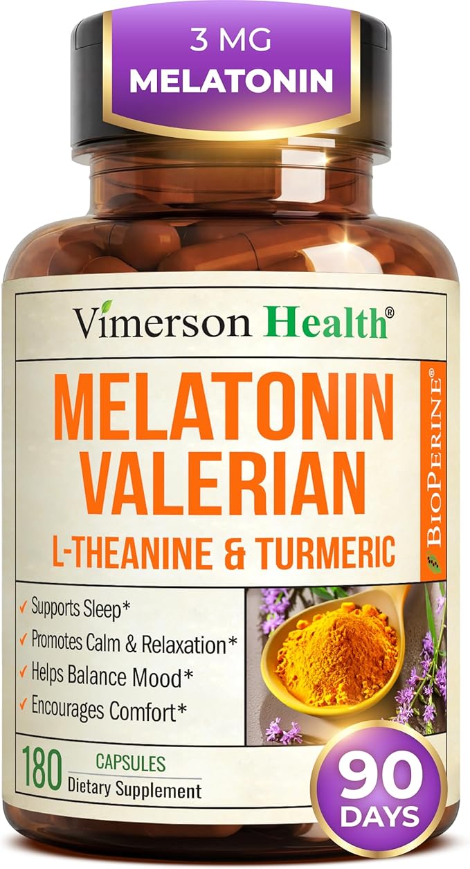 Melatonin 3mg Sleep Aid with L-Theanine & Valerian Root – Turmeric Curcumin Supplement with Ginger & Black Pepper – Organic Turmeric Supplement for Sleep, Calm and Stress Relief Support – 180 Capsules