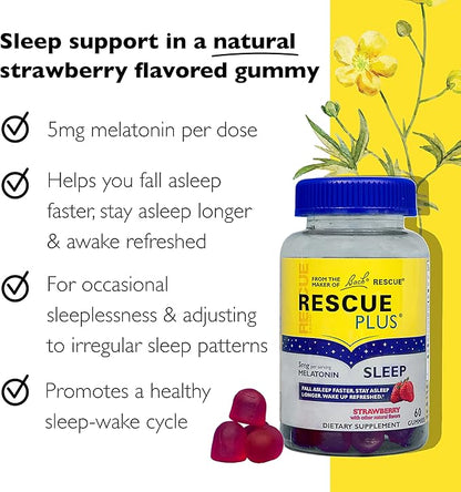Bach RESCUE PLUS Melatonin Sleep Gummies, Natural Strawberry Flavor, Sleep Aid, Dietary Supplement, Vegan, Gluten-Free, No Artificial Flavors, Colors or Sweeteners, 3 Pack, 180 Count Total