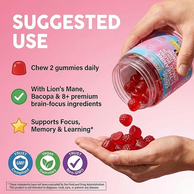 Clean Nutra Kids Focus Gummies with L-Theanine, Ginkgo Biloba, Omega-3 Fish Oil, L-Tyrosine, Vitamin B6, B12 – 60 Count, Clean Label, Non-GMO, Vegan-Friendly SmartyPop Formula for Kids Support