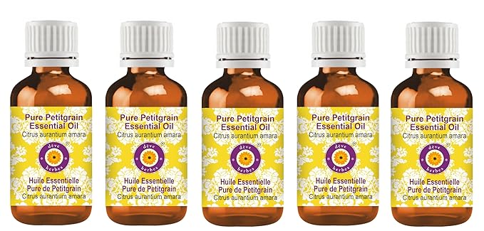 Deve Herbes Pure Petitgrain Essential Oil (Citrus aurantium Amara) Steam Distilled (Pack of Five) 100ml X 5 (16.9 oz)