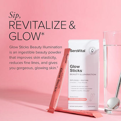 Serovital Glow Sticks Sugar-Free Powder Drink Mix with Hyaluronic Acid Ceramides Electrolytes for Skin Hydration in 14 Days Sun-Kissed Citrus Flavor 28 Packets