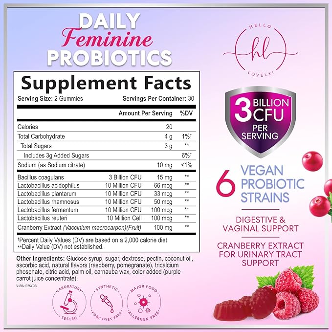 Probiotics for Women Gummies with Cranberry - 6 Premium Strains for PH Balance - Women Probiotics for Digestive Health, Vaginal & Immune Support, Women's Probiotic Feminine Health Gummy - 60 Gummies