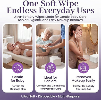 Disposable Dry Wipes, 500 Pack – Ultra Soft Non-Moistened Cleansing Cloths for Adults, Incontinence, Baby Care, Makeup Removal – 9.5" x 13.5" - Hospital Grade, Durable – by ProHeal